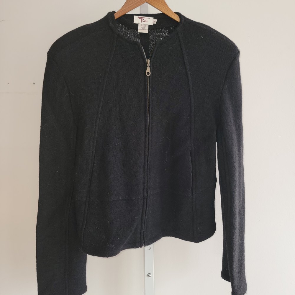 Tinu & Stu Light Zip Front Black Wool Jacket Cardigan Medium Natural Fiber Y2K